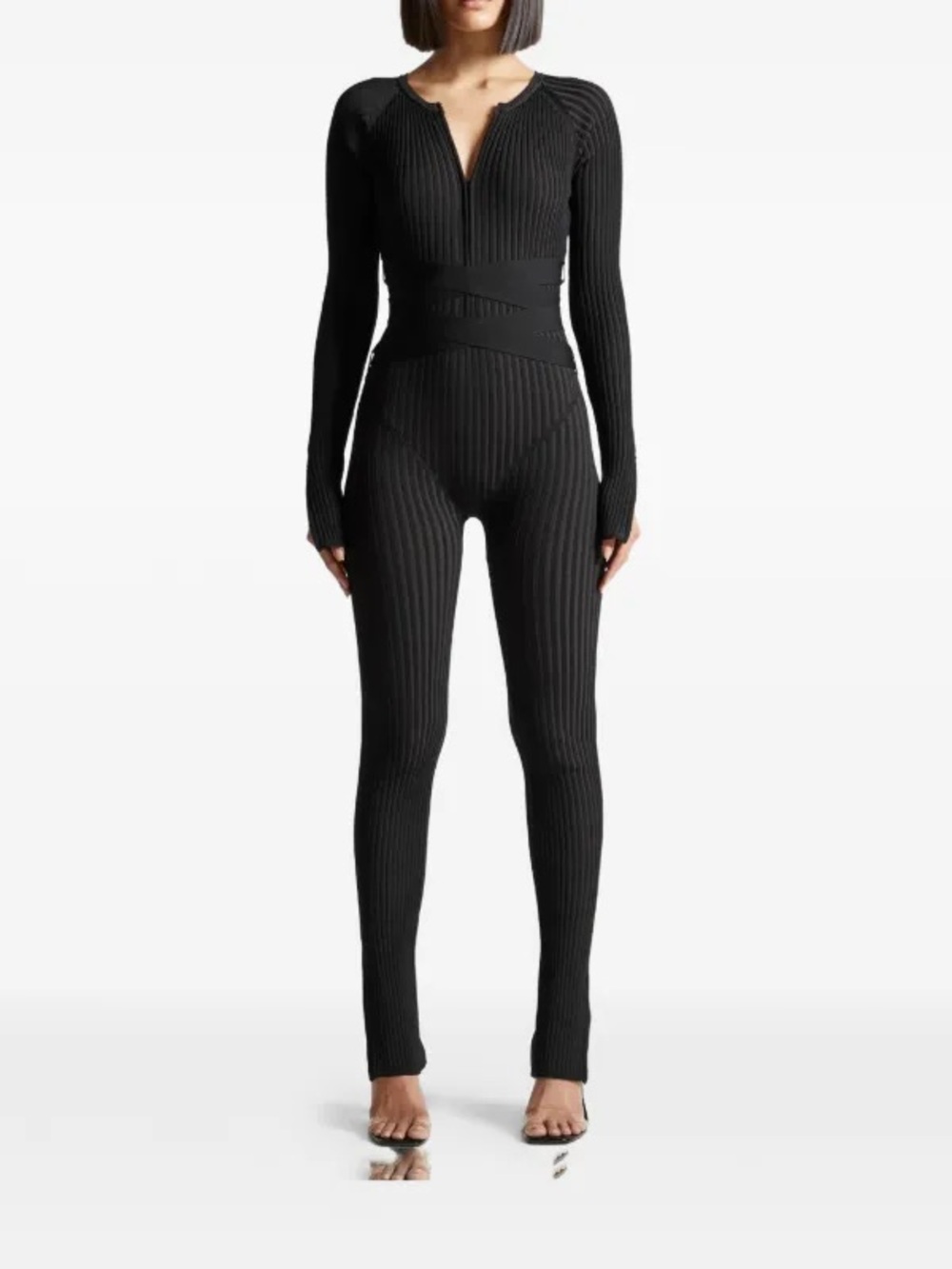 Manière De Voir ribbed knit belted beige/taupe jumpsuit